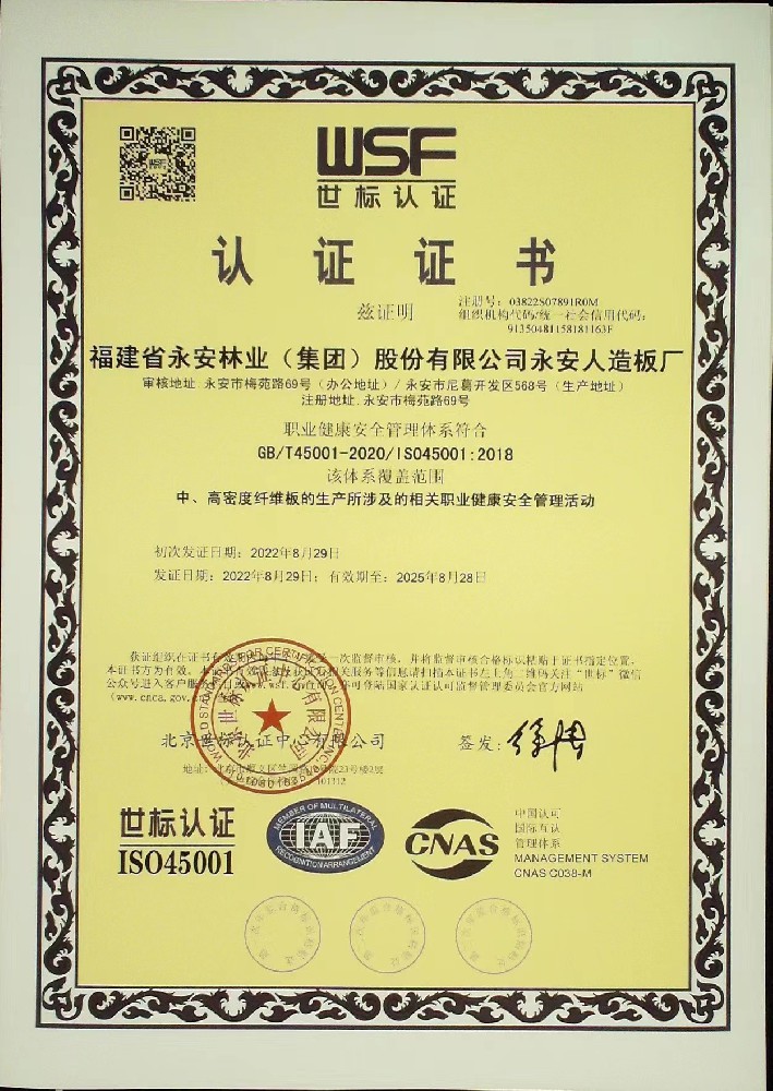 2022年职业健康安全治理系统国际认证证书
